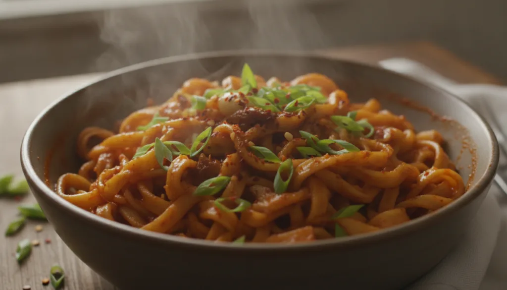 A vibrant close-up shot of a bowl of chili garlic noodles with steam rising slightly The noodles are coated in a glossy