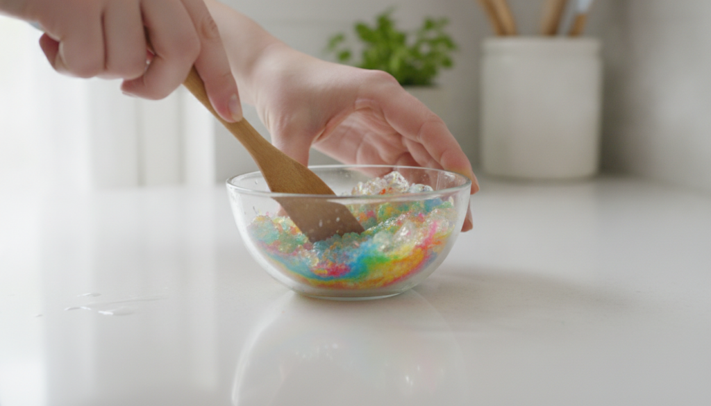 A person s hands gently mixing Vaseline with a natural powder in a small glass bowl using a wooden spatula showing the p