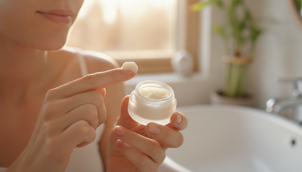 A hand applying a small amount of a homemade Vaseline balm to a person s cheek demonstrating the gentle application of a