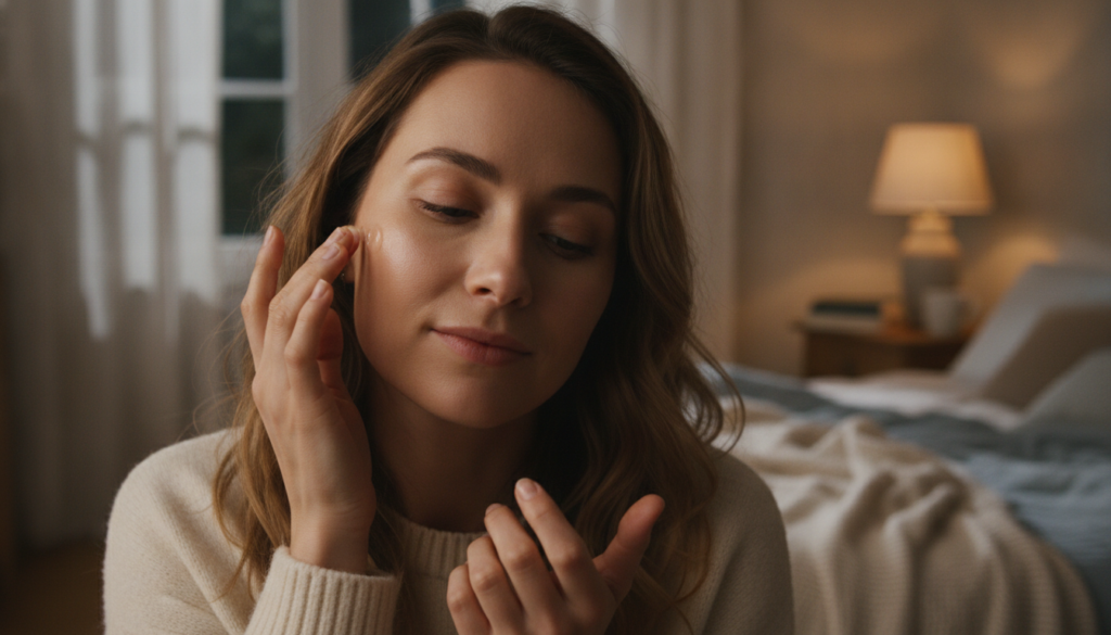 A woman applying a small amount of balm to her face before bed with a gentle glowing expression
