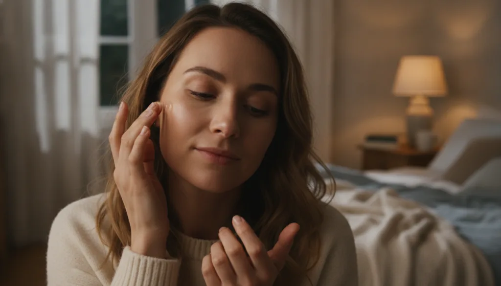 A woman applying a small amount of balm to her face before bed with a gentle glowing expression