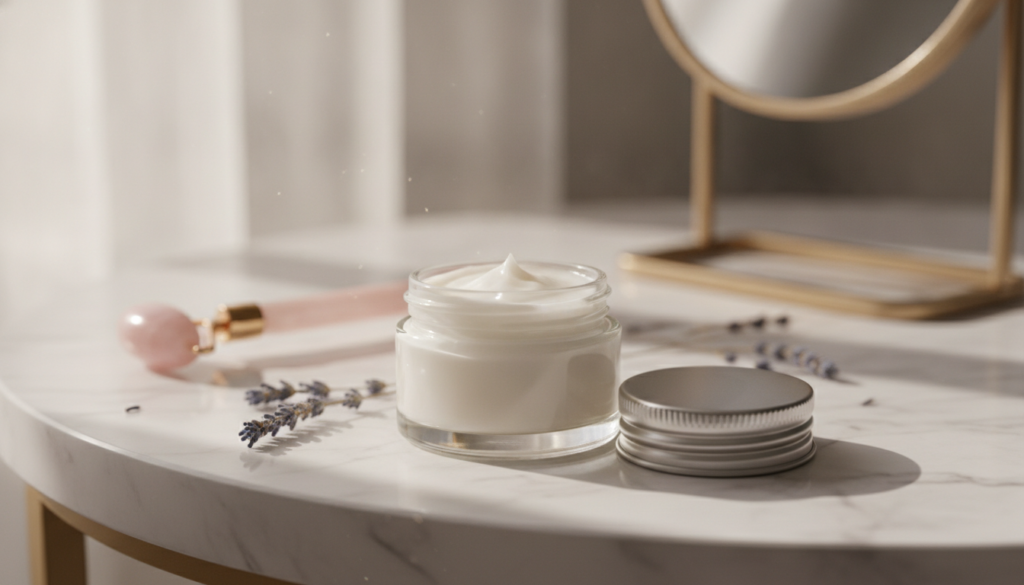 A small clean airtight container filled with the freshly made Glass Skin Balm showing its smooth texture placed on a van
