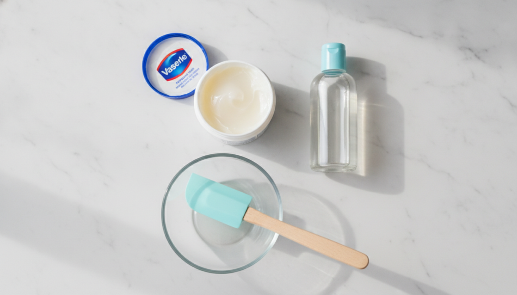 A flat lay of the key ingredients a tub of Vaseline a bottle of baby oil a small mixing bowl and a spatula all on a clea