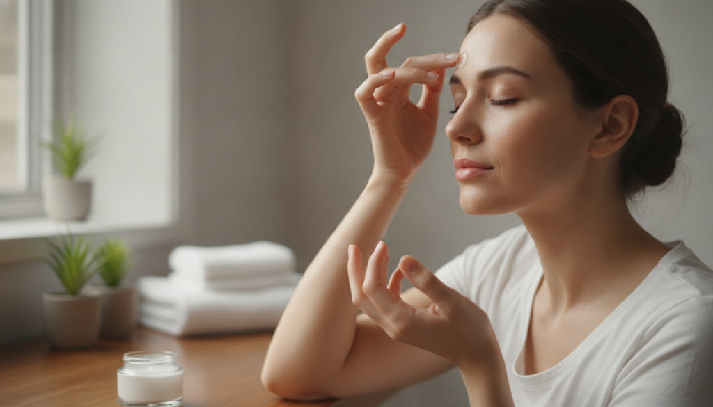A woman gently applying a thin layer of the DIY gel to her forehead or around her eyes demonstrating careful application