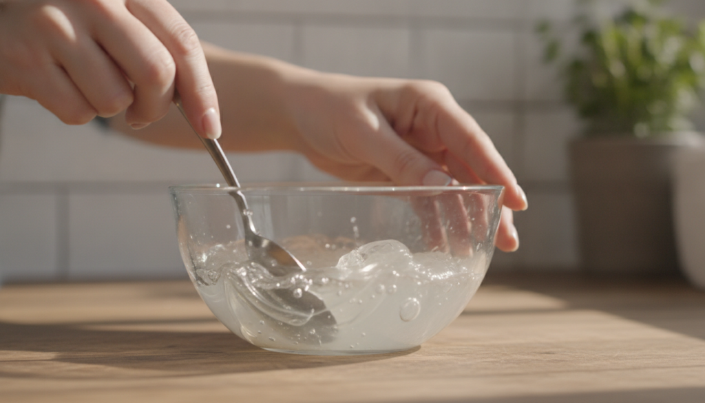 A close-up shot of hands mixing melted Vaseline and baby oil in a small glass bowl with a spoon showing the smooth oily