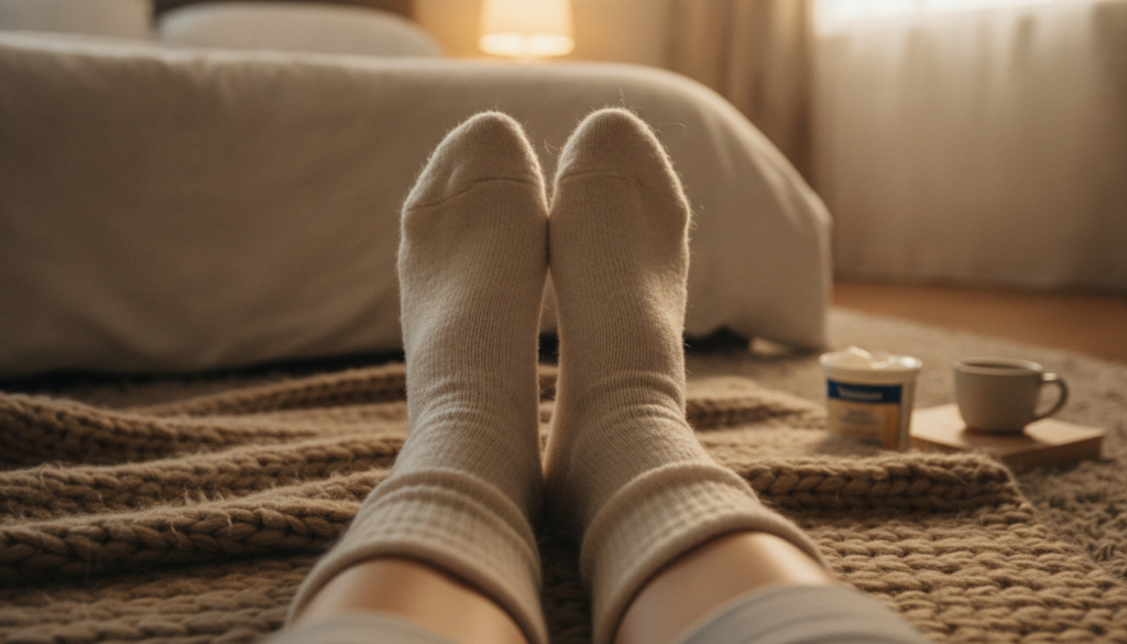 A person s feet with cotton socks on after applying Vaseline for an overnight treatment set in a cozy bedroom scene The 