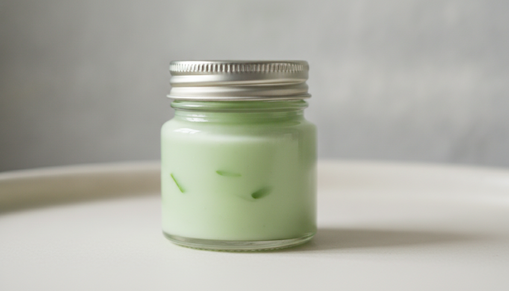 A small clean jar containing a light green smooth Vaseline and aloe vera blend with a delicate texture ready for use Sof