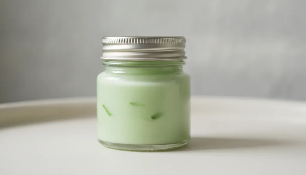 A small clean jar containing a light green smooth Vaseline and aloe vera blend with a delicate texture ready for use Sof