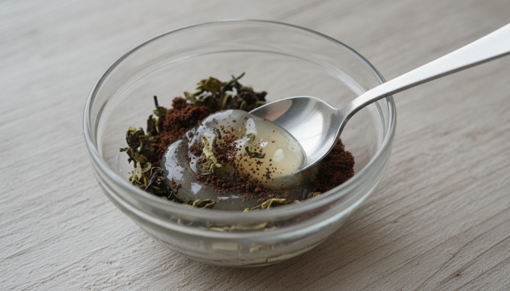 Close up of a small bowl with Vaseline coffee grounds and green tea leaves being gently mixed with a spoon showing the p