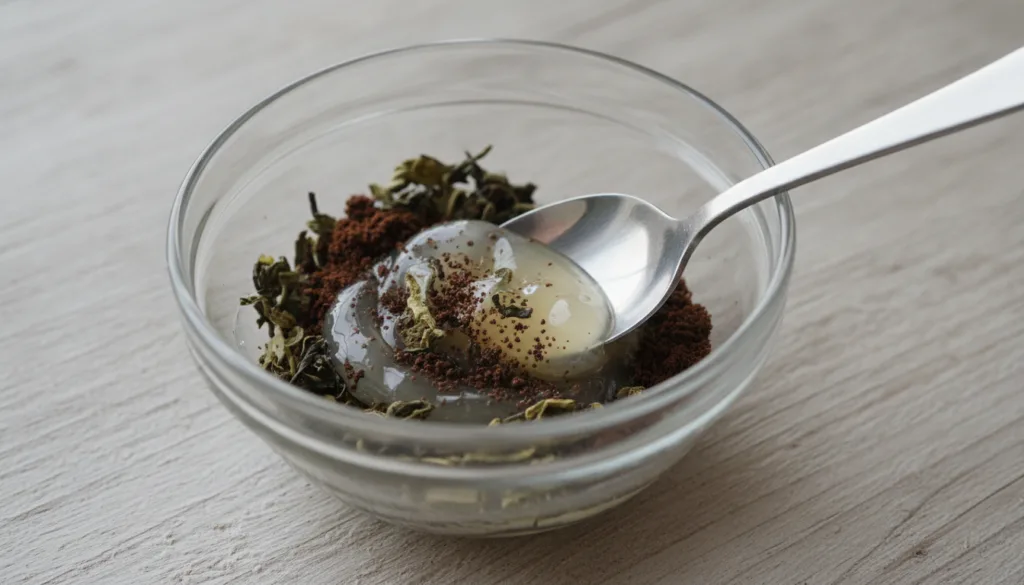 Close up of a small bowl with Vaseline coffee grounds and green tea leaves being gently mixed with a spoon showing the p