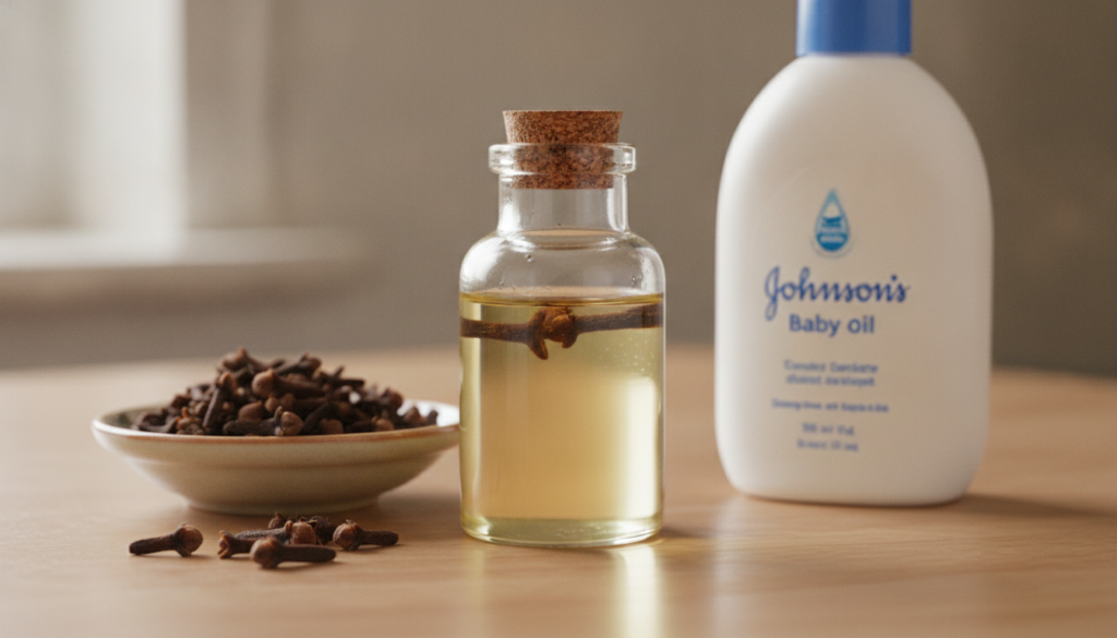 A small clear glass bottle filled with light oil and a few whole cloves infusing inside placed on a smooth clean surface