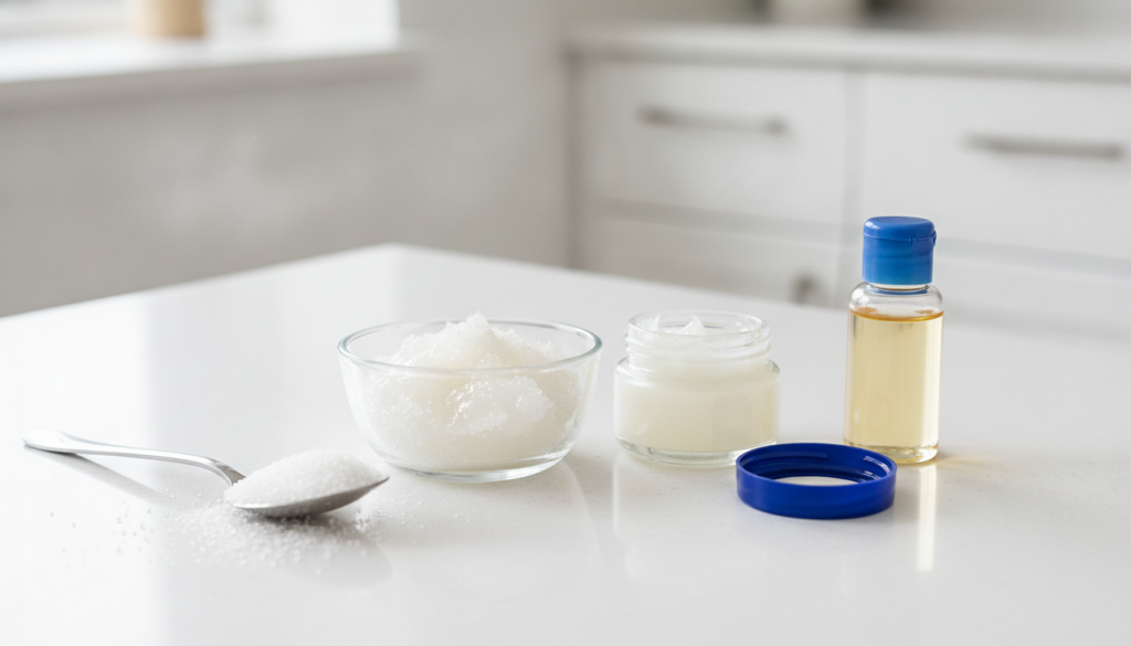 A small bowl containing the DIY Vaseline sugar lip scrub with ingredients like a jar of Vaseline a spoon of sugar and a