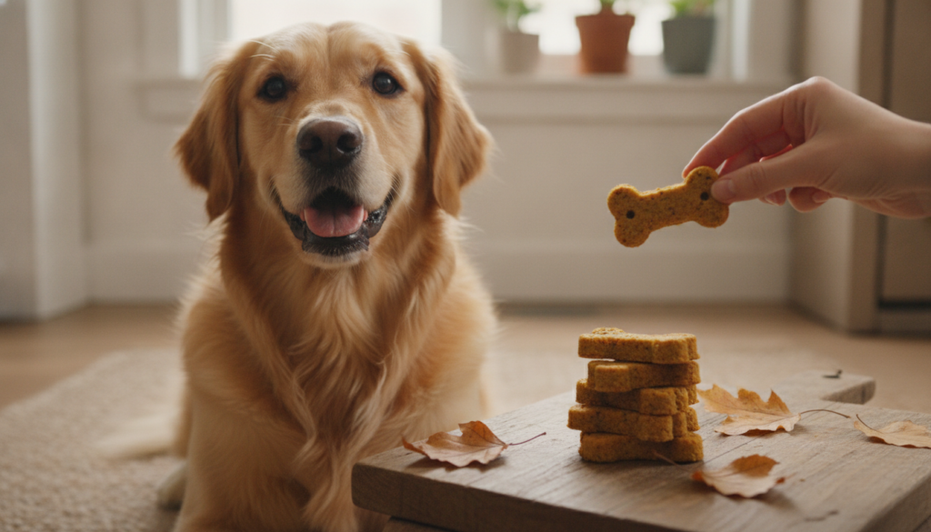 A happy dog eagerly looking at a homemade vegan pumpkin and peanut butter dog treat with a pile of similar treats next t