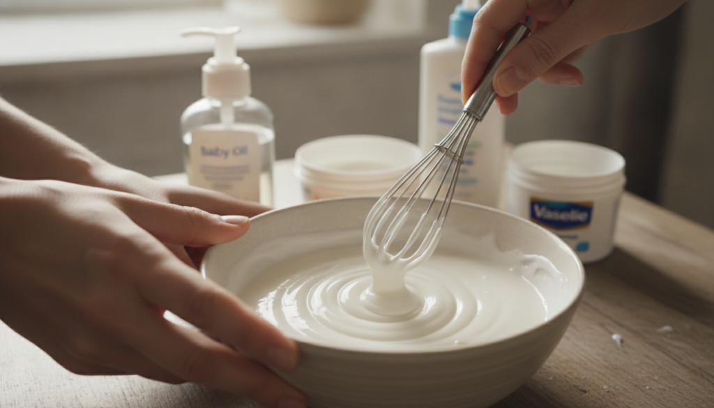A person s hands mixing baby oil Vaseline and body lotion in a small bowl with a whisk or spoon showcasing the silky tex