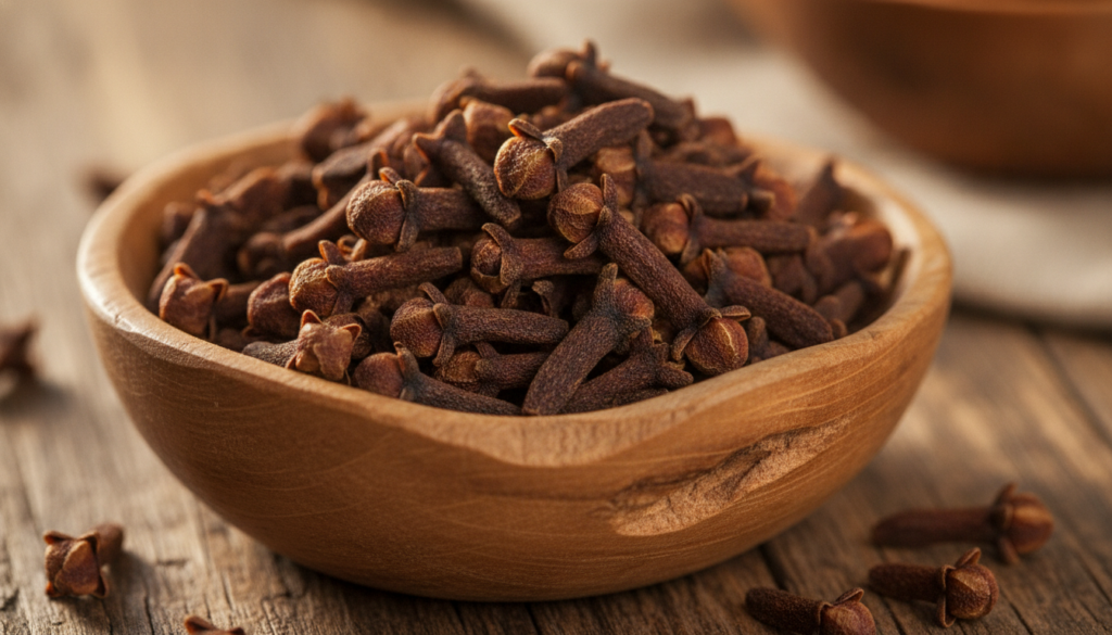 Close-up of dried whole cloves in a small wooden bowl emphasizing their natural texture and aromatic quality