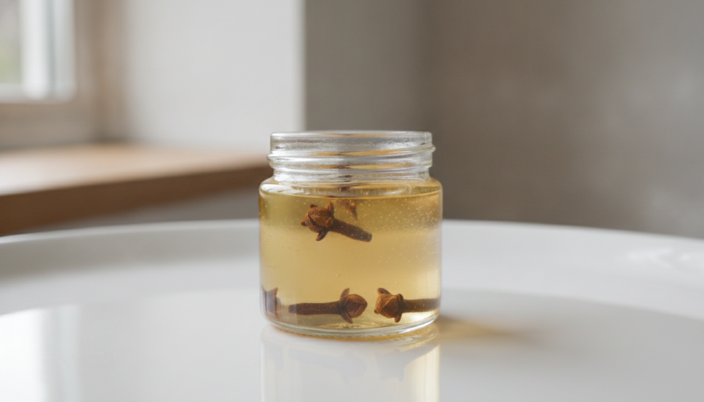 Small clear glass jar filled with a homemade amber-colored balm with a few whole cloves visible on a clean white surface