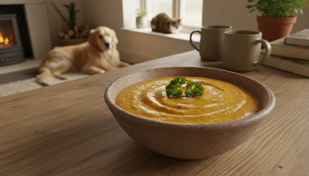 A bowl of creamy orange vegan pumpkin and lentil pâté specifically designed for pets garnished with a sprig of fresh par