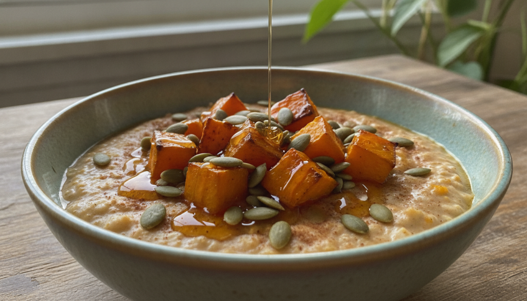 A vibrant bowl of vegan oatmeal or yogurt topped with roasted pumpkin cubes pumpkin seeds and a drizzle of maple syrup i