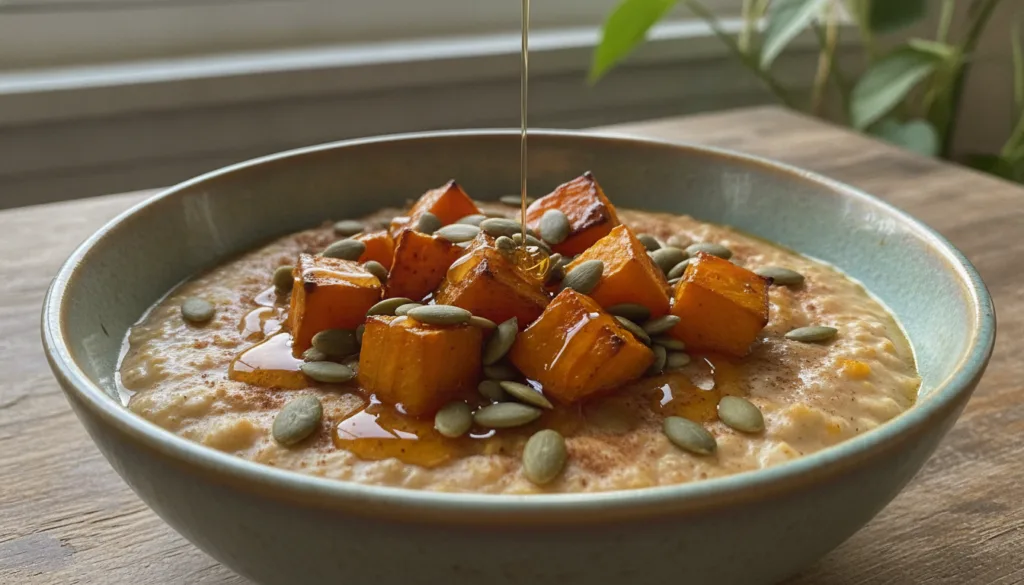 A vibrant bowl of vegan oatmeal or yogurt topped with roasted pumpkin cubes pumpkin seeds and a drizzle of maple syrup i