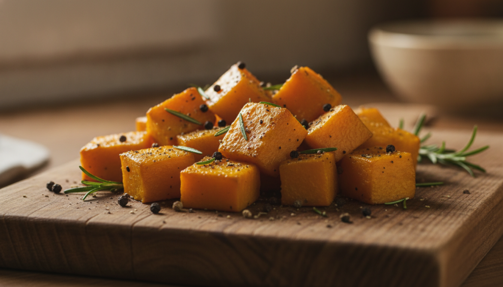 A close-up shot of perfectly roasted pumpkin cubes seasoned with herbs ready to be added to a vegan meal