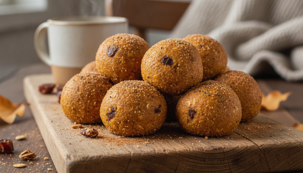 A close-up shot of several homemade vegan pumpkin energy bites arranged on a rustic wooden board garnished with a sprink