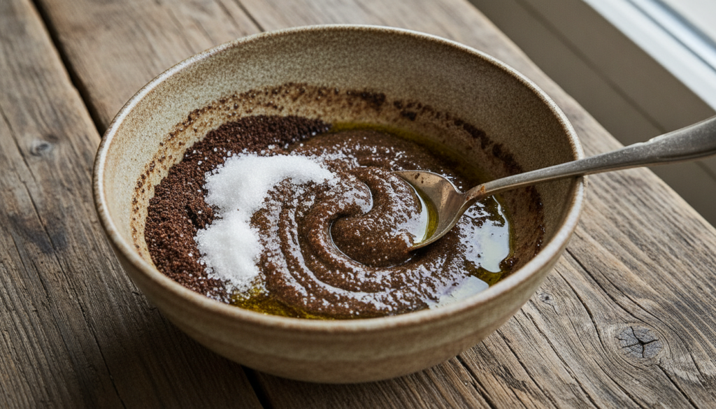 A close-up of a bowl filled with coffee grounds sugar and olive oil with a spoon mixing them on a rustic wooden surface