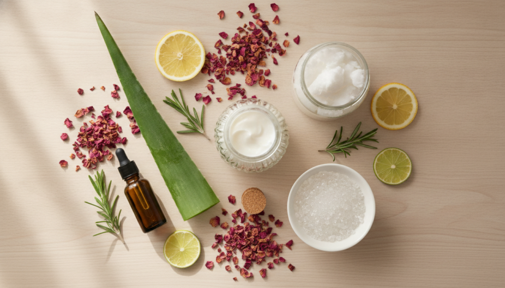 A collection of natural ingredients for DIY skincare including aloe vera gel a bottle of vitamin E oil coconut oil and a