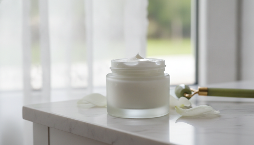 A small elegant glass jar filled with the freshly made white homemade collagen cream placed on a clean vanity counter wi