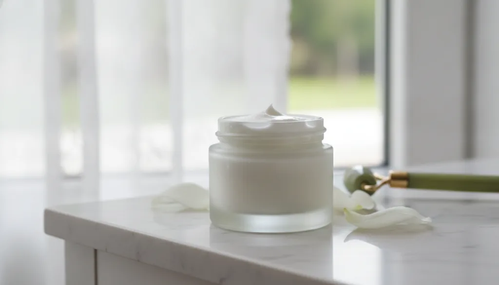 A small elegant glass jar filled with the freshly made white homemade collagen cream placed on a clean vanity counter wi