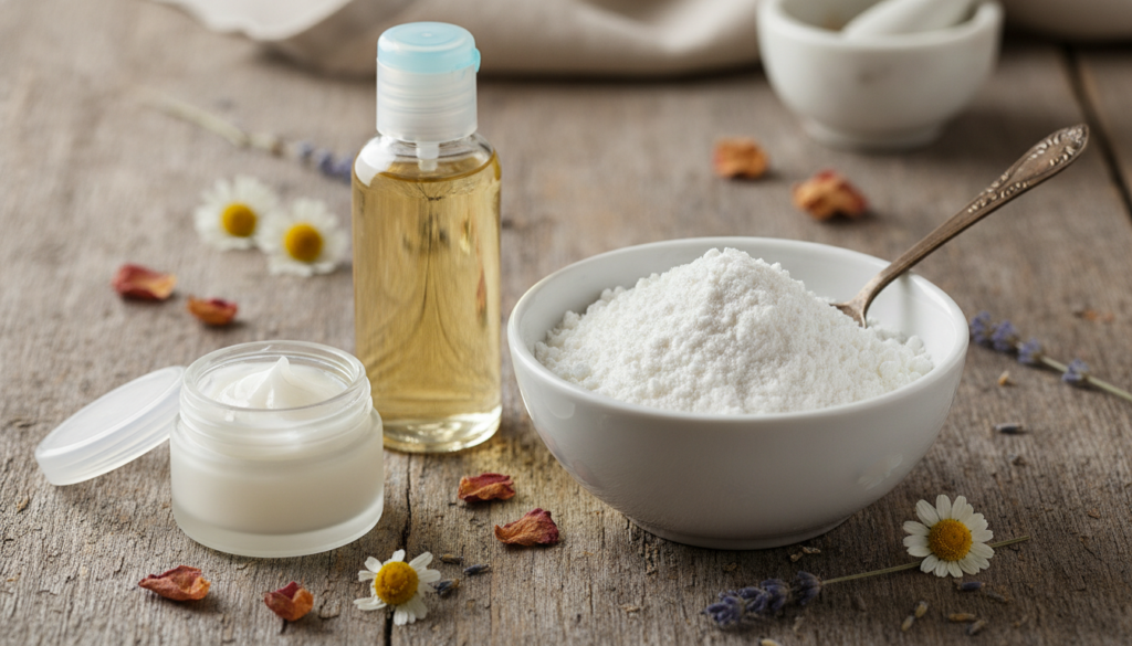 Ingredients for homemade collagen cream a jar of petroleum jelly a bottle of baby oil and a small bowl of white collagen