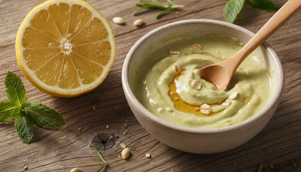 A close-up shot of a sliced lemon next to a small bowl containing a homemade face mask mixture with a gentle glowing lig