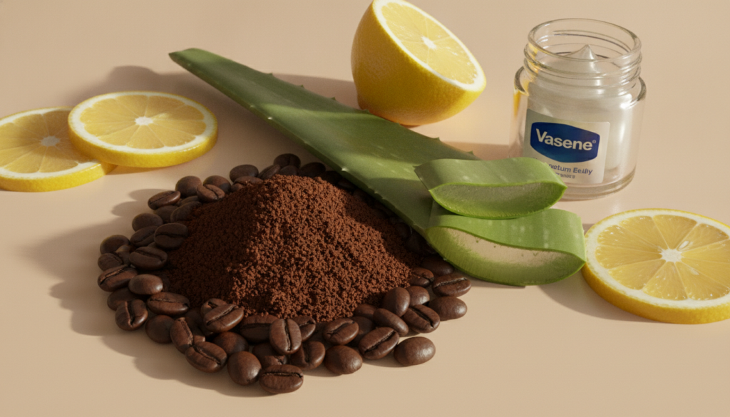 A collection of natural ingredients coffee beans or grounds in a small bowl a cut aloe vera leaf with gel sliced lemons 