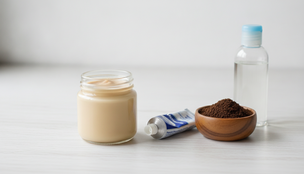 A small clear jar filled with a creamy light brown DIY overnight cream next to a tube of Vaseline a small bowl of ground