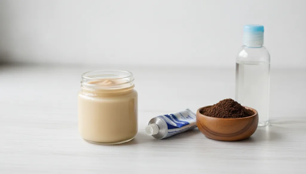 A small clear jar filled with a creamy light brown DIY overnight cream next to a tube of Vaseline a small bowl of ground