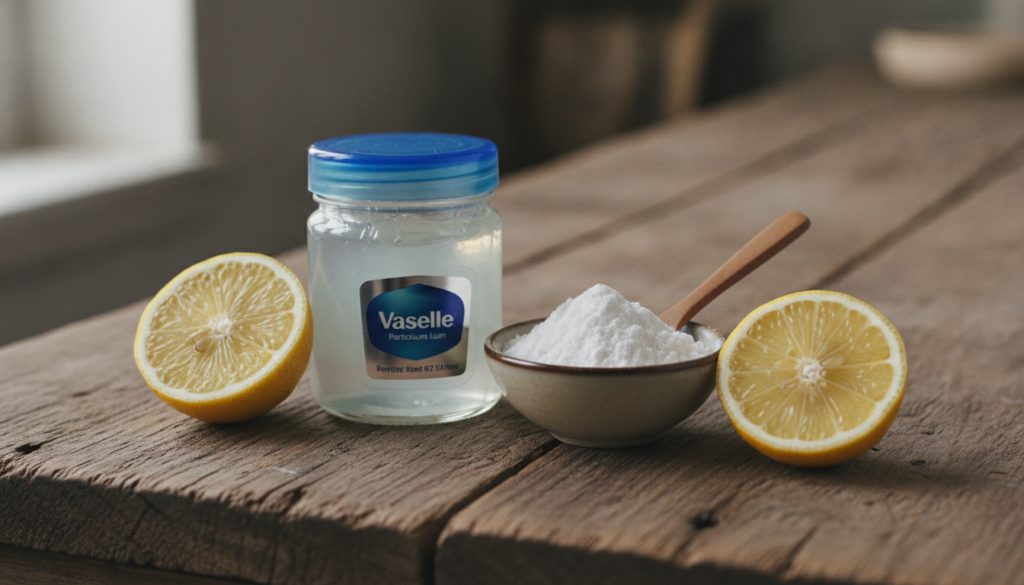 A trio of ingredients a jar of Vaseline a small bowl of baking soda and fresh lemon slices neatly arranged on a natural 