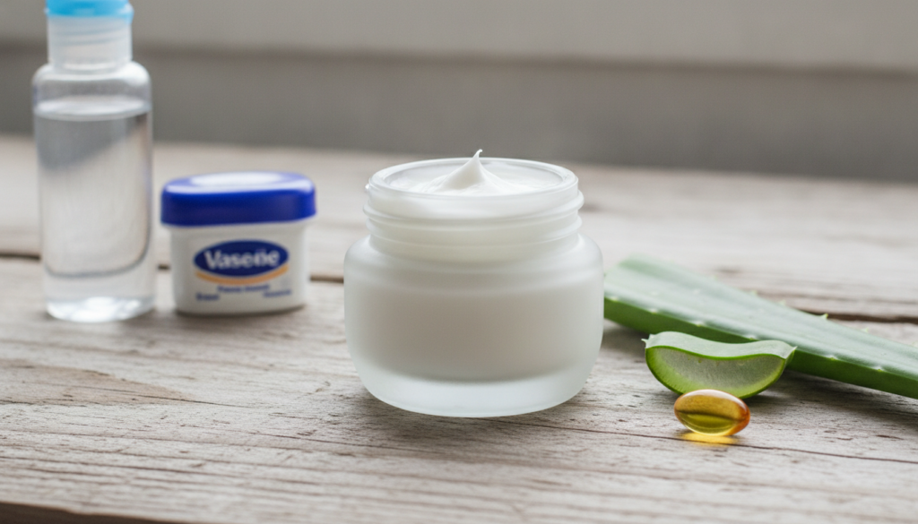 A small elegant glass jar filled with a creamy white homemade beauty product on a natural wood surface surrounded by som