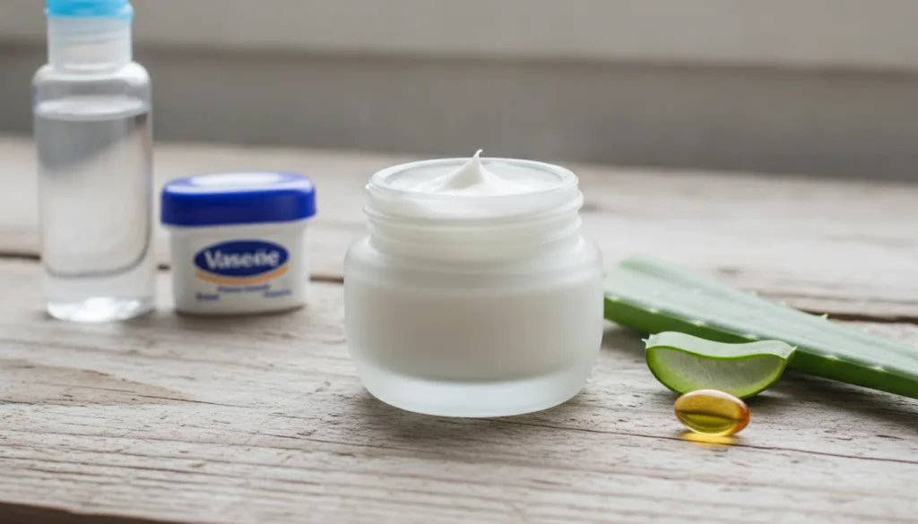 A small elegant glass jar filled with a creamy white homemade beauty product on a natural wood surface surrounded by som