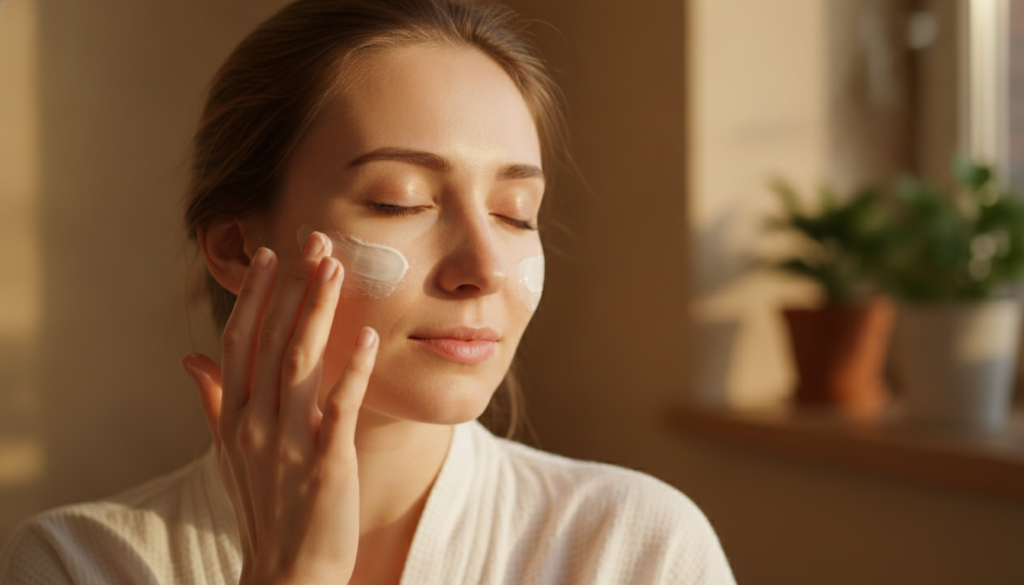 A woman gently applying the homemade cream to her face eyes closed with a serene expression demonstrating a self-care mo