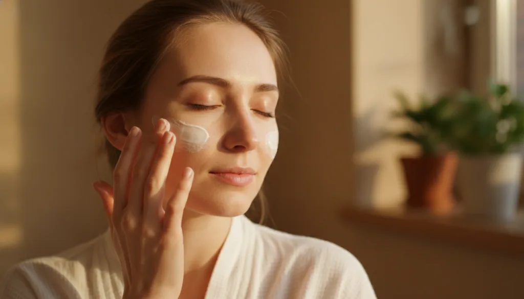 A woman gently applying the homemade cream to her face eyes closed with a serene expression demonstrating a self-care mo