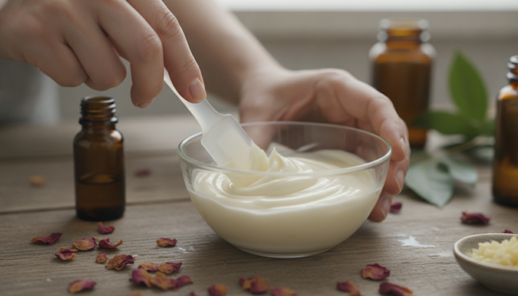 A close-up of hands mixing the DIY cream ingredients in a small bowl showing the creamy texture forming as Vaseline baby