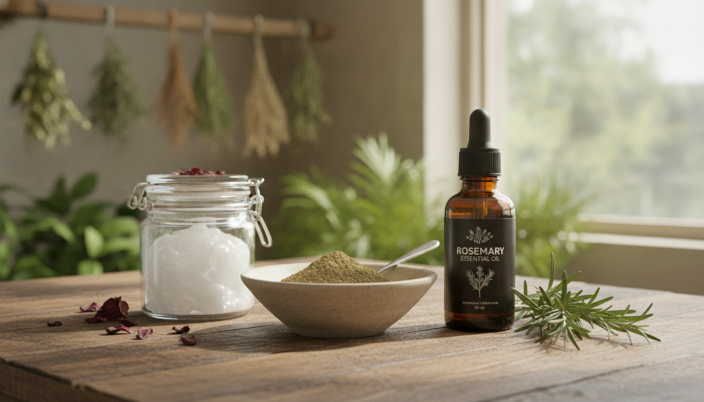Ingredients for hair oil coconut oil amla powder and rosemary essential oil on a wooden table