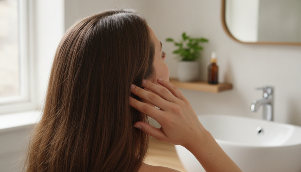 A person massaging homemade hair oil into their scalp and hair during a beauty routine