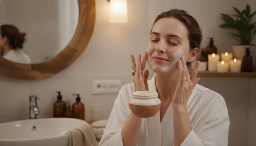 A woman gently massaging a homemade cream onto her face and neck as part of her nightly skincare routine with soft warm 