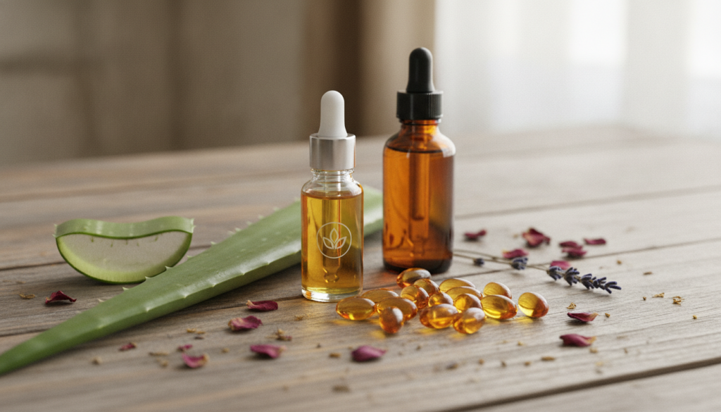 Various natural ingredients like aloe vera almond oil vitamin E capsules and rosehip oil are artfully arranged on a wood
