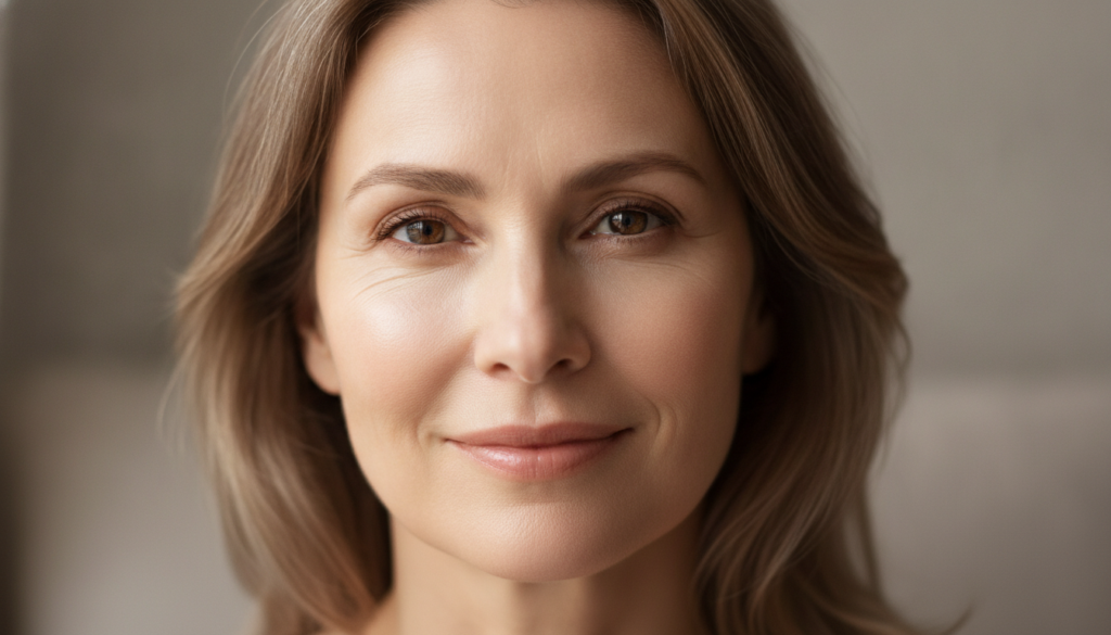 A close-up of a woman s radiant smooth and glowing skin looking youthful and healthy possibly a woman in her 50s with no