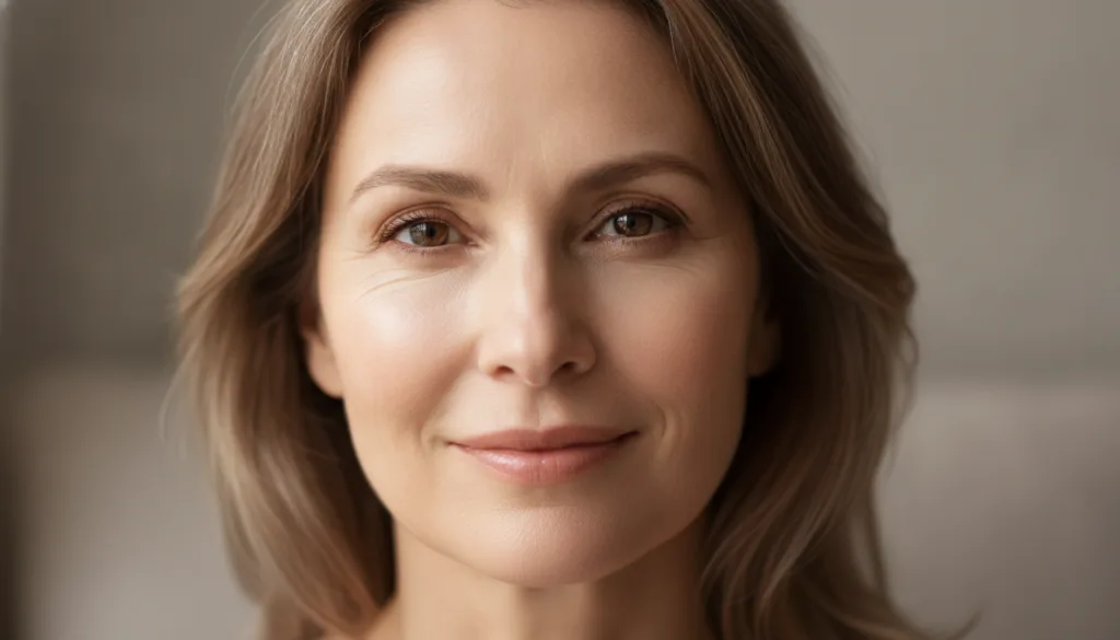 A close-up of a woman s radiant smooth and glowing skin looking youthful and healthy possibly a woman in her 50s with no