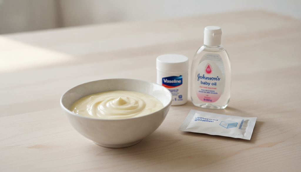 A close-up of a small bowl of a homemade creamy white-yellowish mixture with a jar of Vaseline a bottle of Johnson s bab