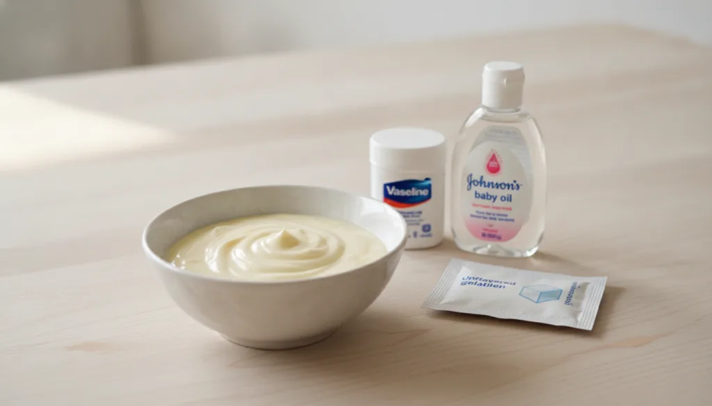 A close-up of a small bowl of a homemade creamy white-yellowish mixture with a jar of Vaseline a bottle of Johnson s bab