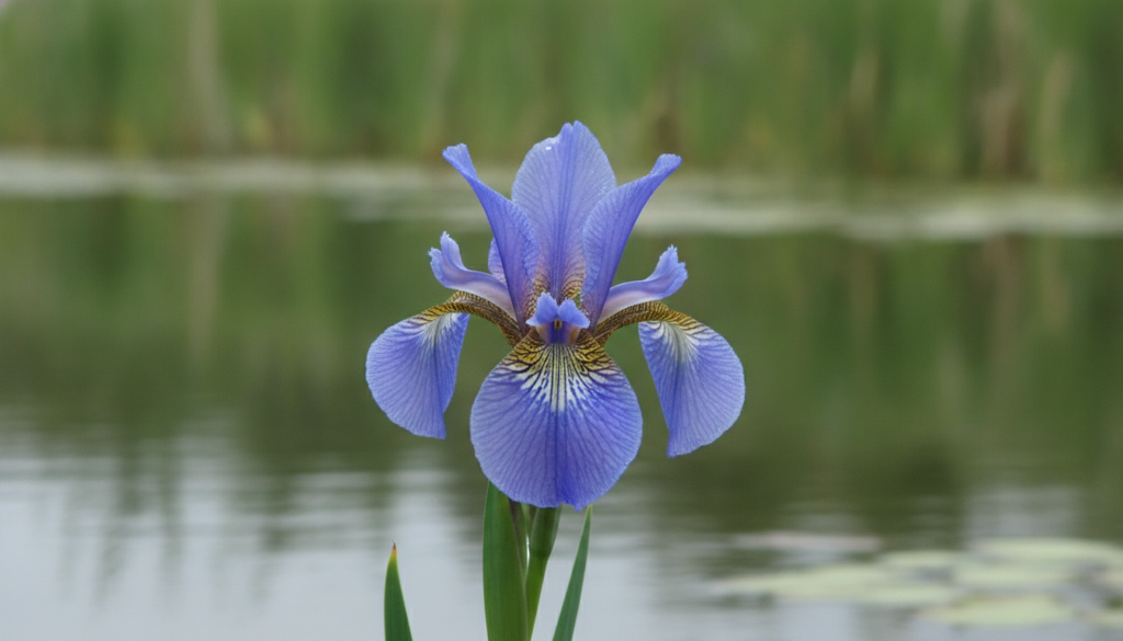 A close-up of a vibrant blue flag iris blooming near a calm body of water with lush green foliage and soft sunlight
