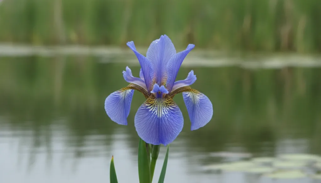A close-up of a vibrant blue flag iris blooming near a calm body of water with lush green foliage and soft sunlight